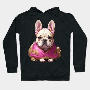 Charming Frenchie Puppy in Pink Floral Hanbok Hoodie